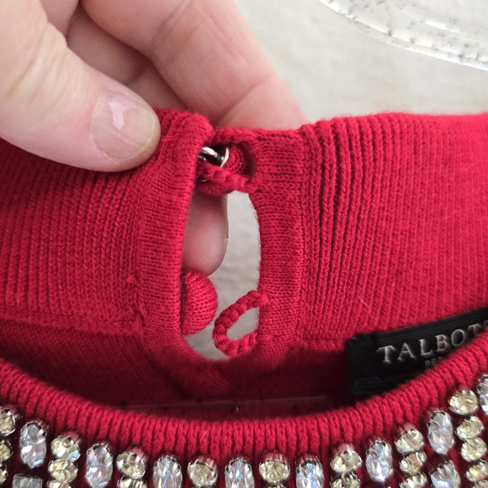 TALBOTS Red S Sleeve Rhinestone Embellished Neckline Classy Sweater.  LARGE P - Picture 5 of 9